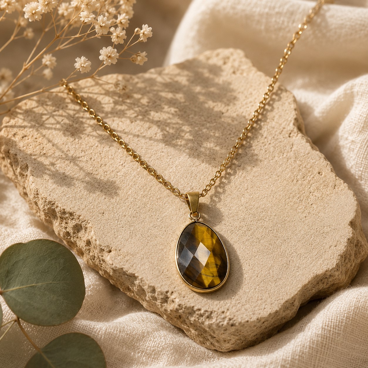 Pendentif œil de tigre facetté serti de cuivre plaqué doré