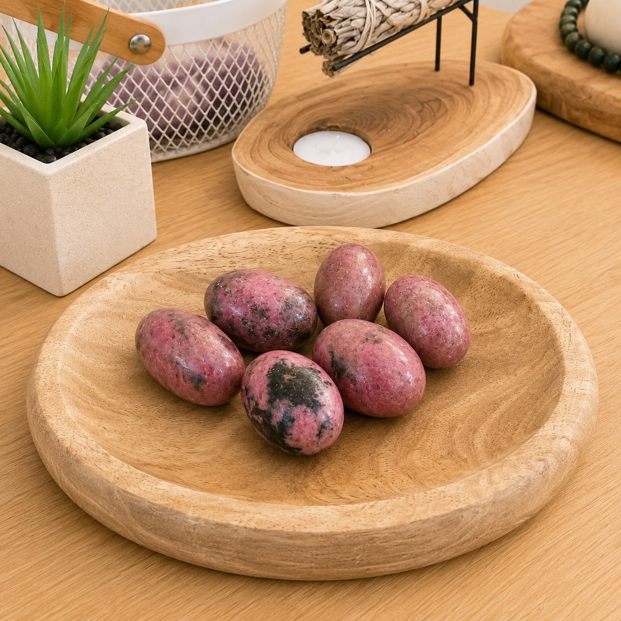 Pierre roulée Rhodonite AA+ de Madagascar aux nuances roses et noires.